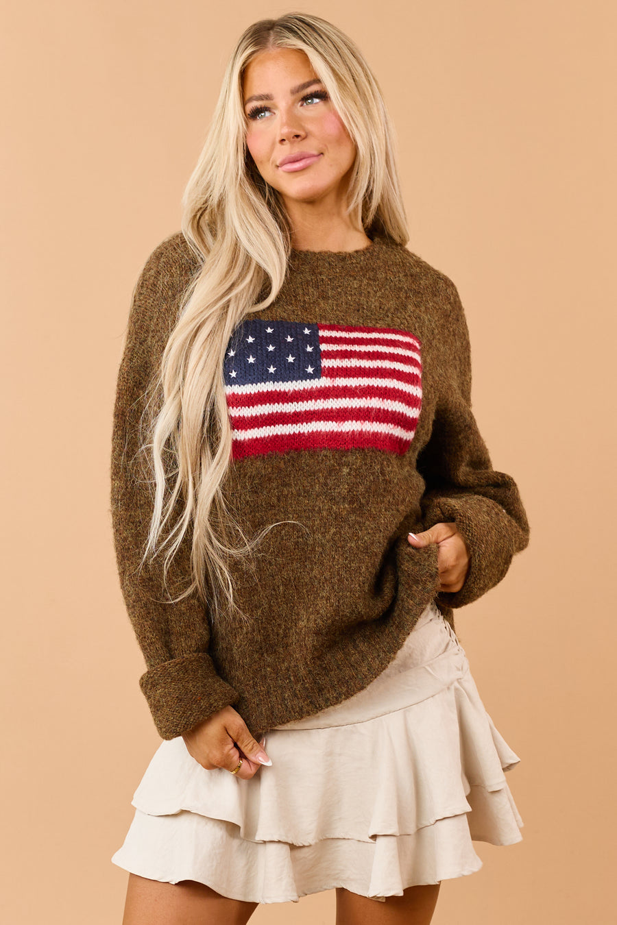 Mocha Wool Blend American Flag Sweater