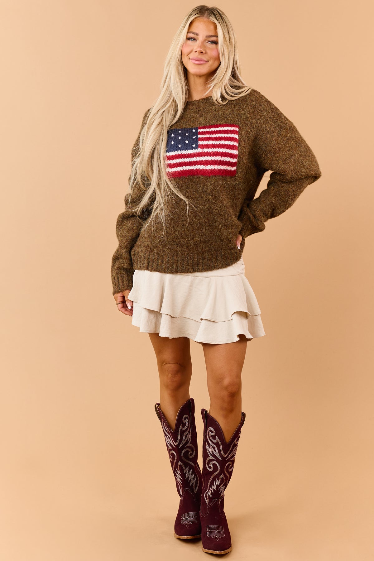 Mocha Wool Blend American Flag Sweater