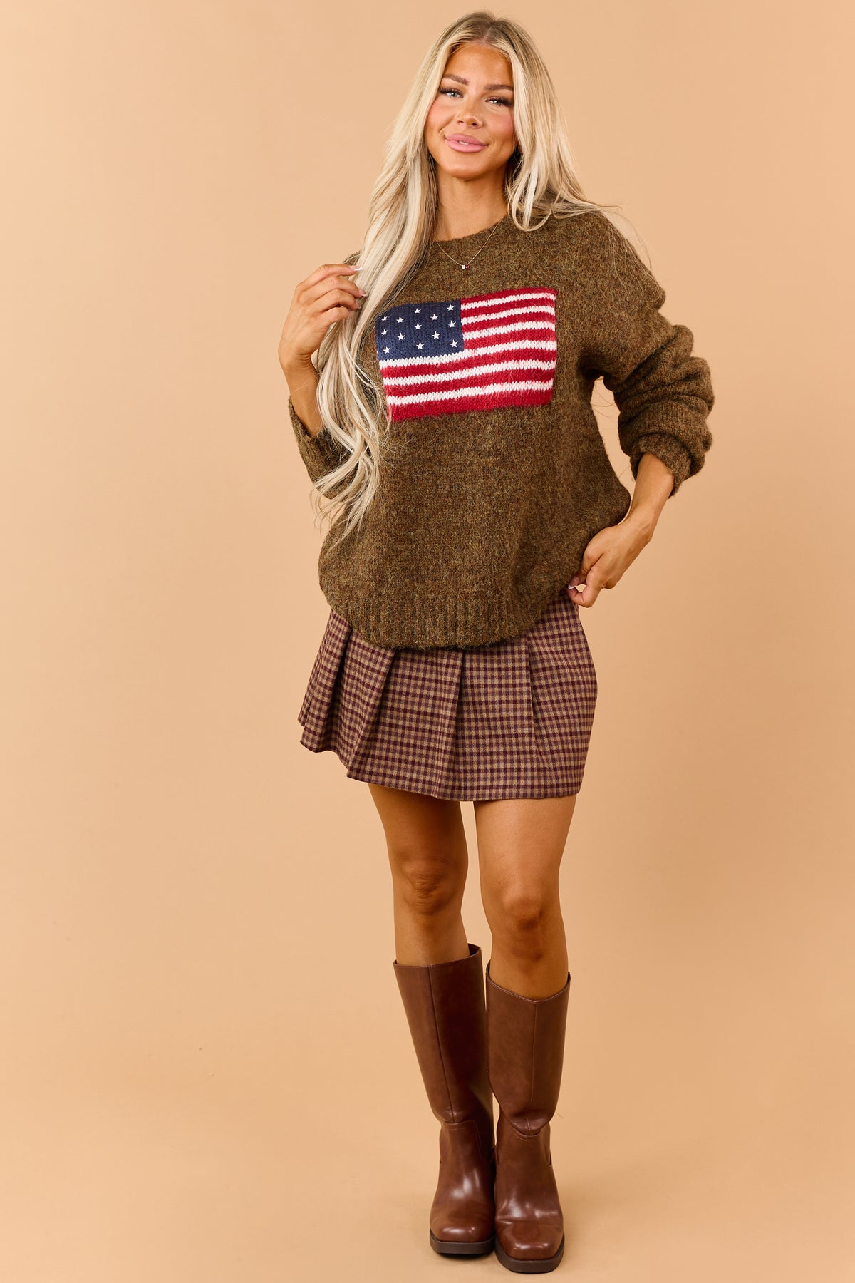 Mocha Wool Blend American Flag Sweater