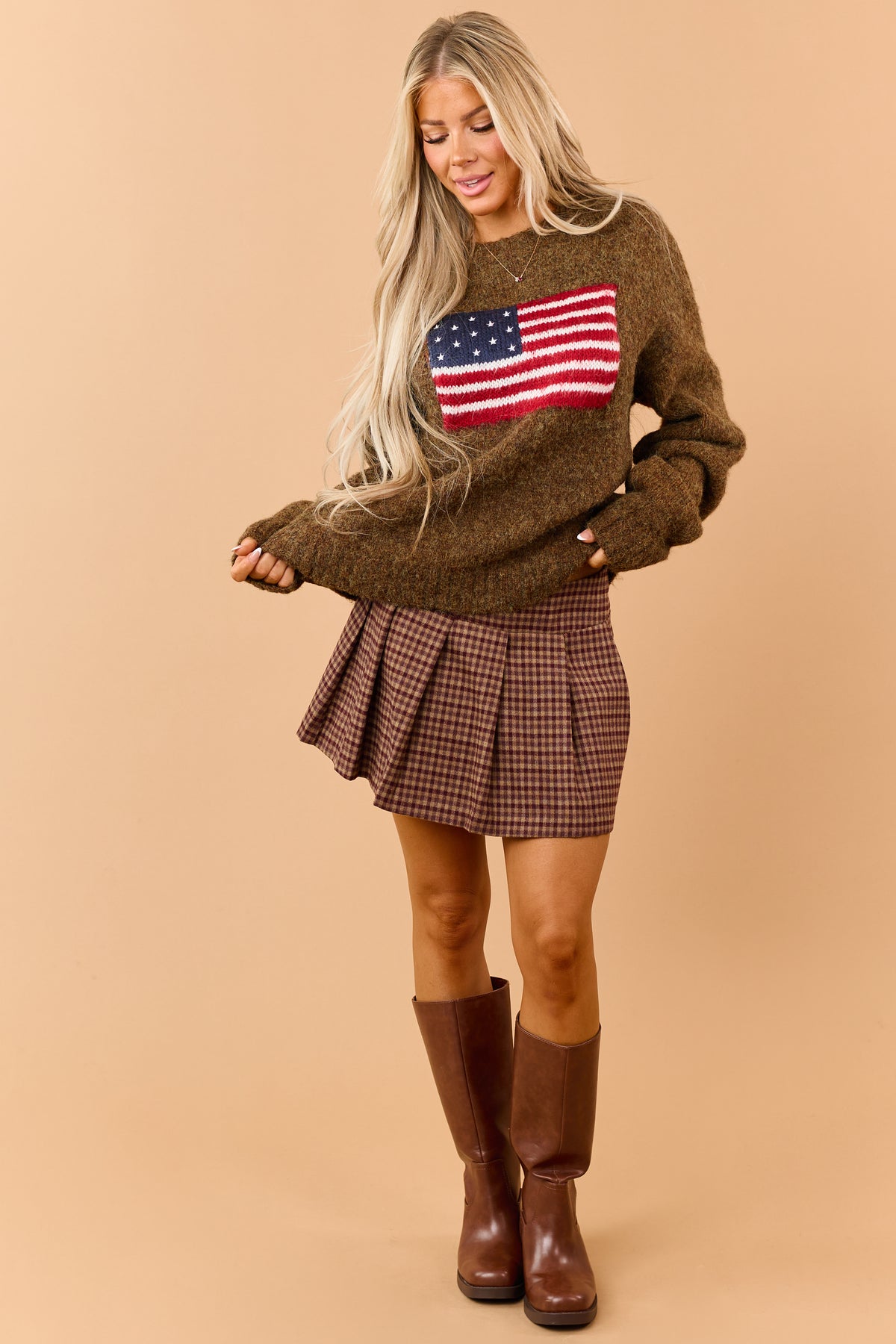 Mocha Wool Blend American Flag Sweater
