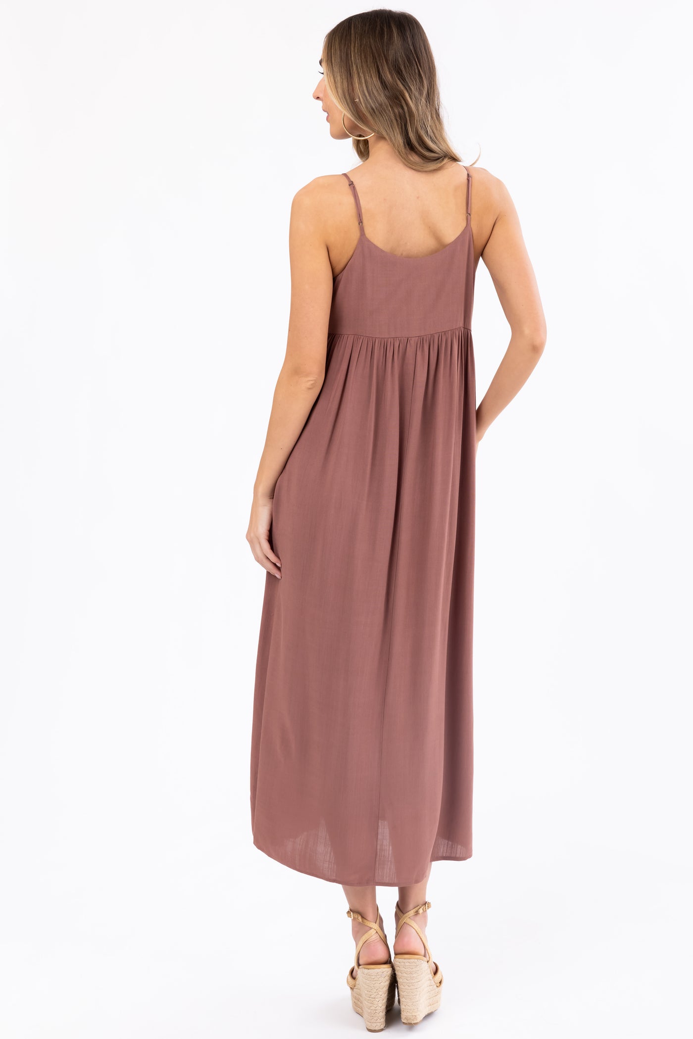 Mocha Woven Strapless Flowy Midi Dress