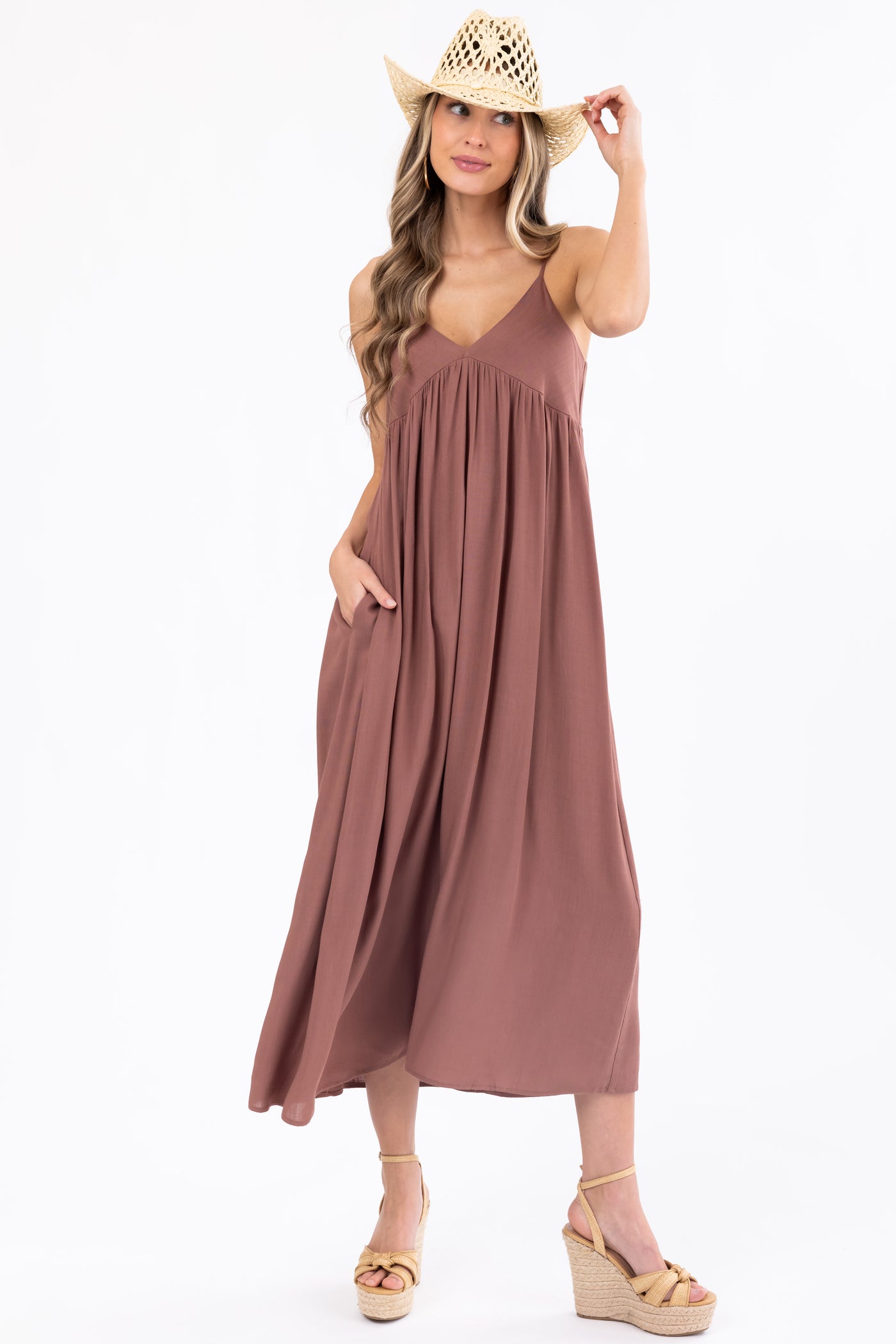 Mocha Woven Strapless Flowy Midi Dress