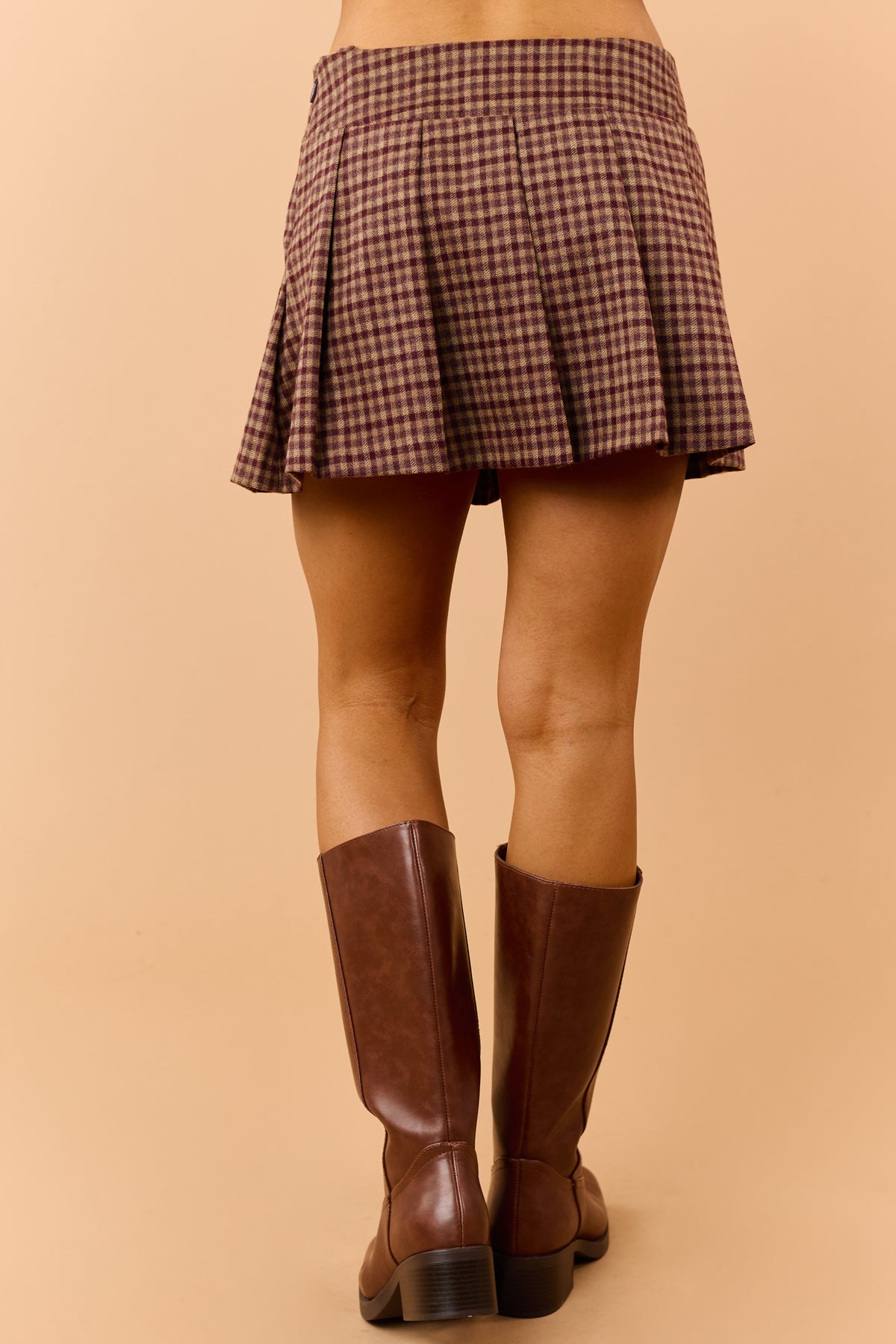 Mocha and Maroon Gingham Pleated Mini Skirt