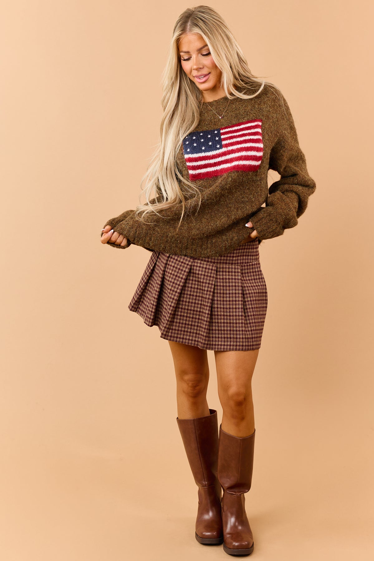 Mocha and Maroon Gingham Pleated Mini Skirt