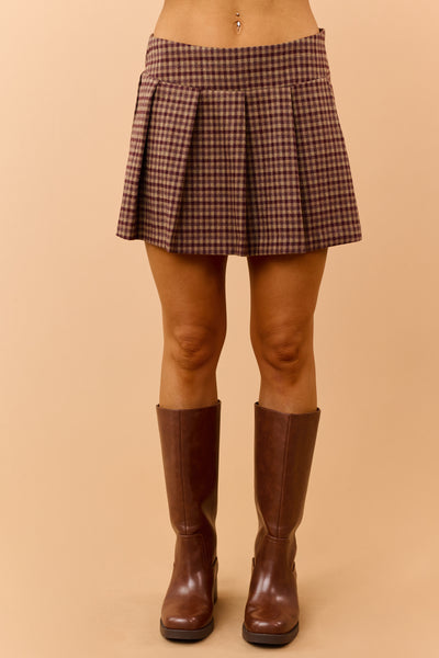 Mocha and Maroon Gingham Pleated Mini Skirt