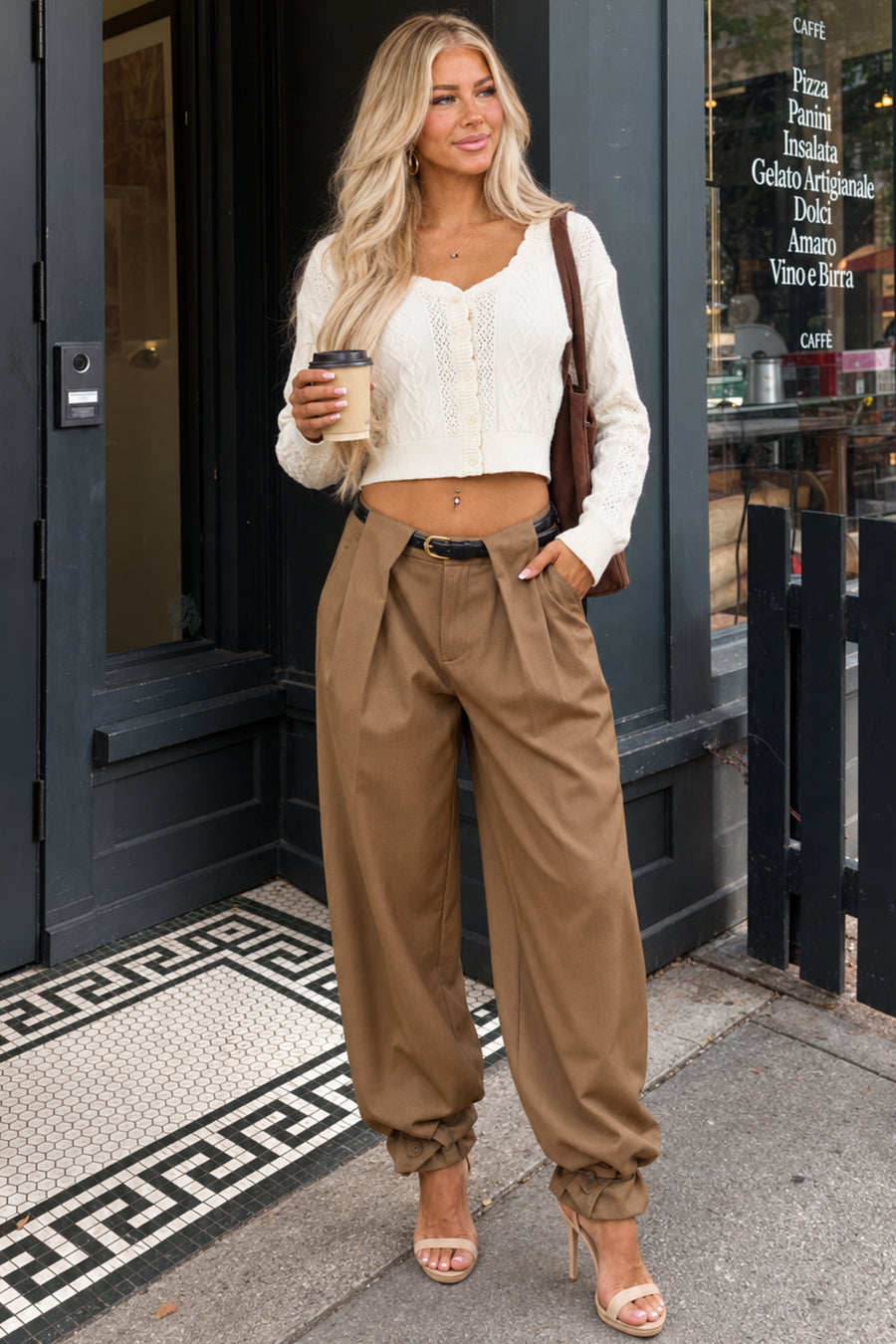 Mocha Belted Wide Leg Strap Hem Relaxed Pants