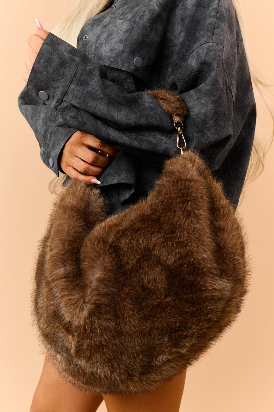 Mocha Brown Soft Faux Fur Hobo Bag