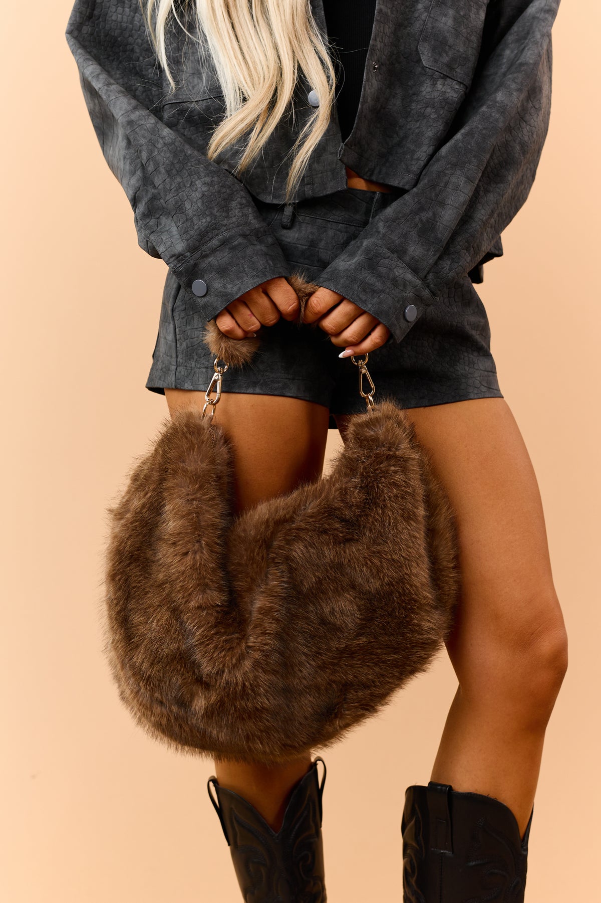 Mocha Brown Soft Faux Fur Hobo Bag