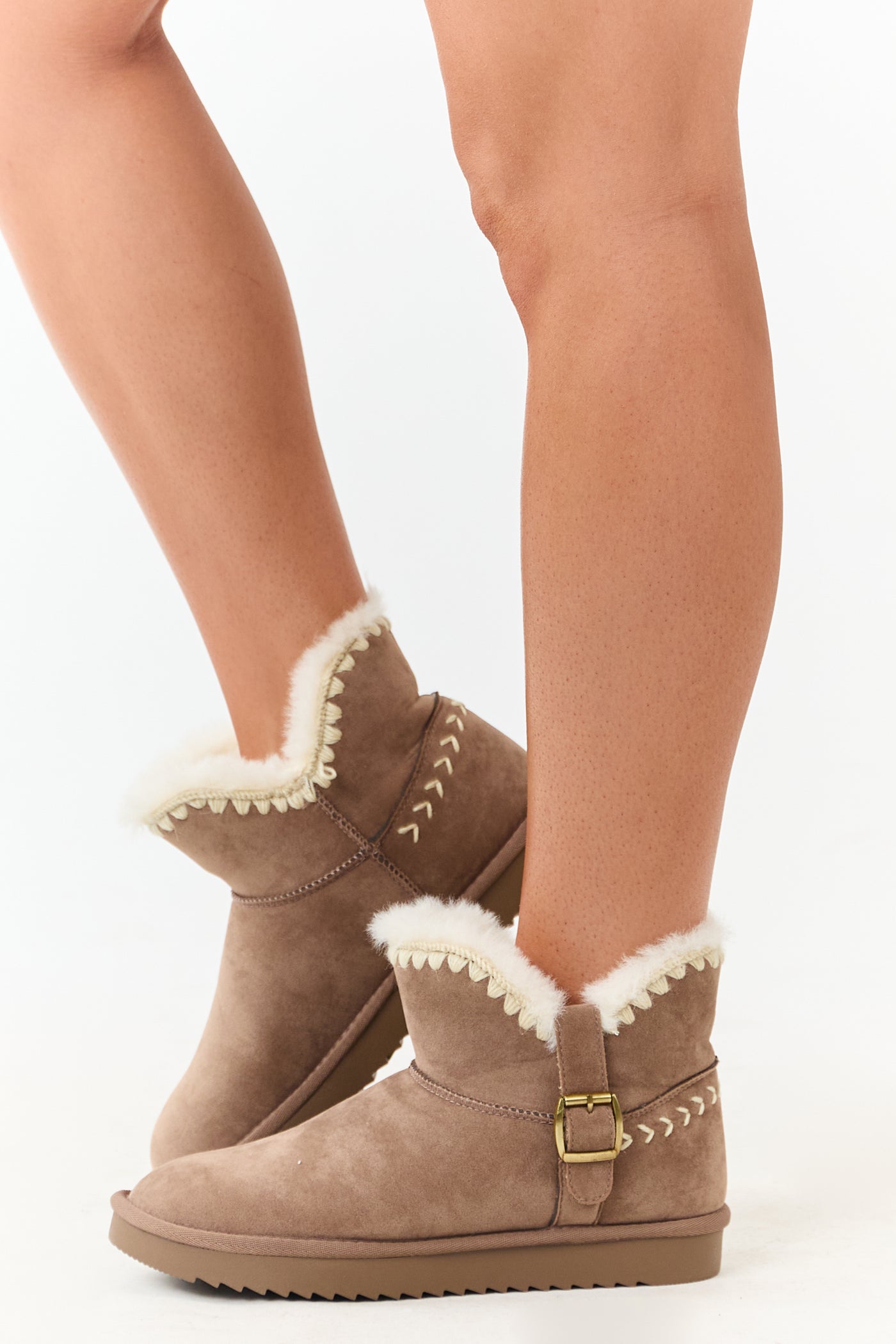 Mocha Faux Suede Buckle Detail Short Booties