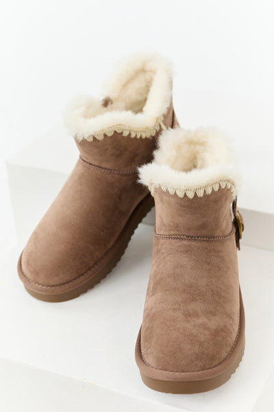 Mocha Faux Suede Buckle Detail Short Booties