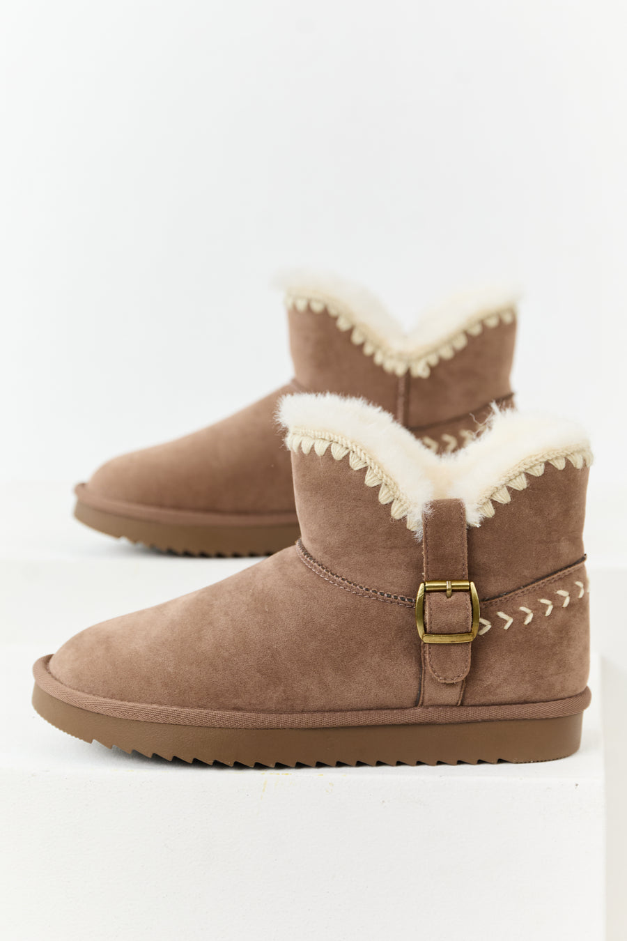 Mocha Faux Suede Buckle Detail Short Booties