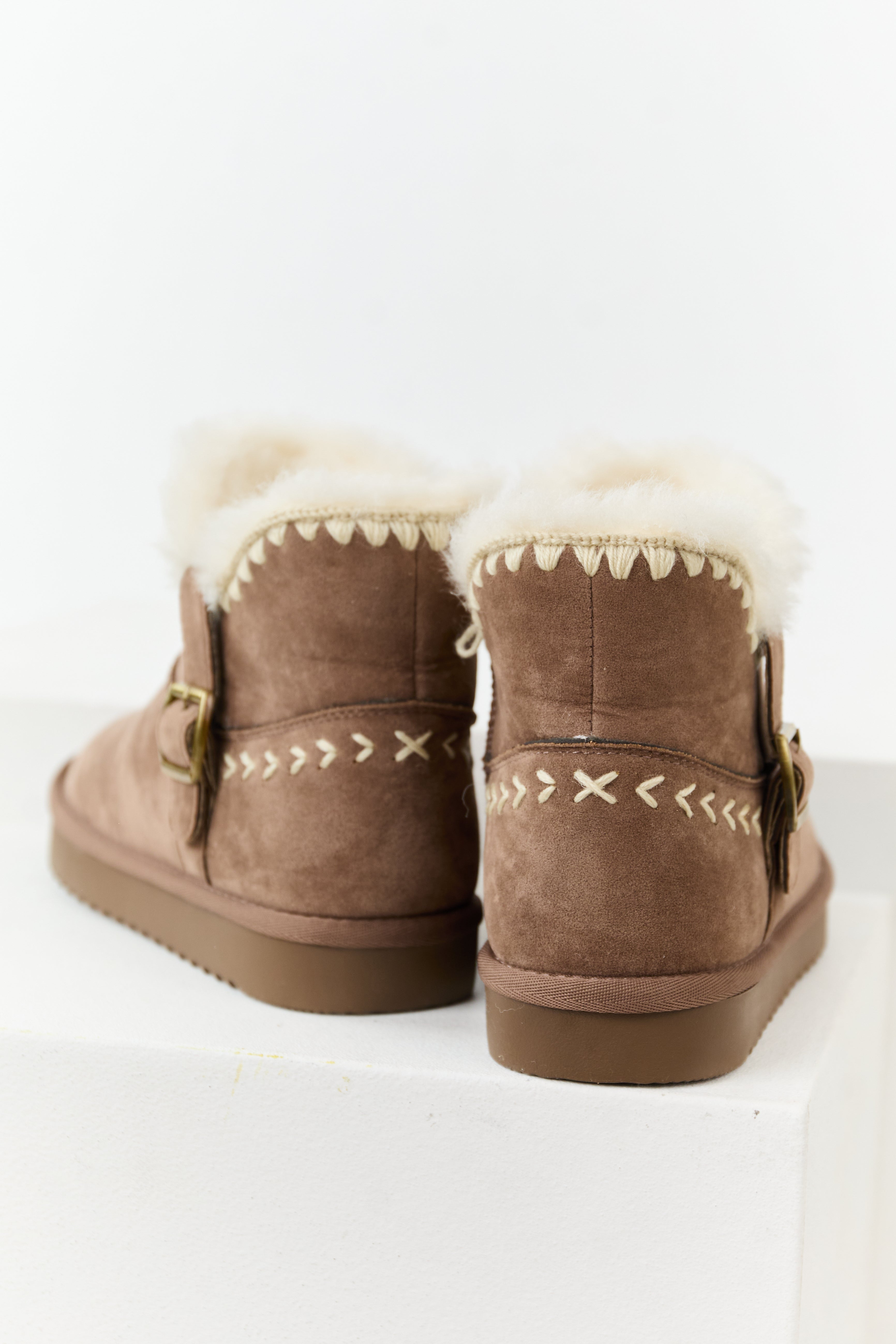 Mocha Faux Suede Buckle Detail Short Booties