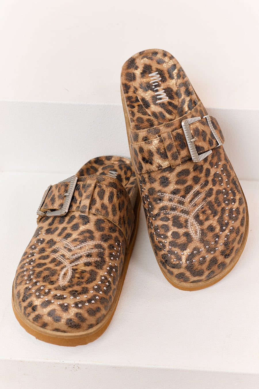 Mocha Leopard Faux Suede Studded Clog Mule Flats
