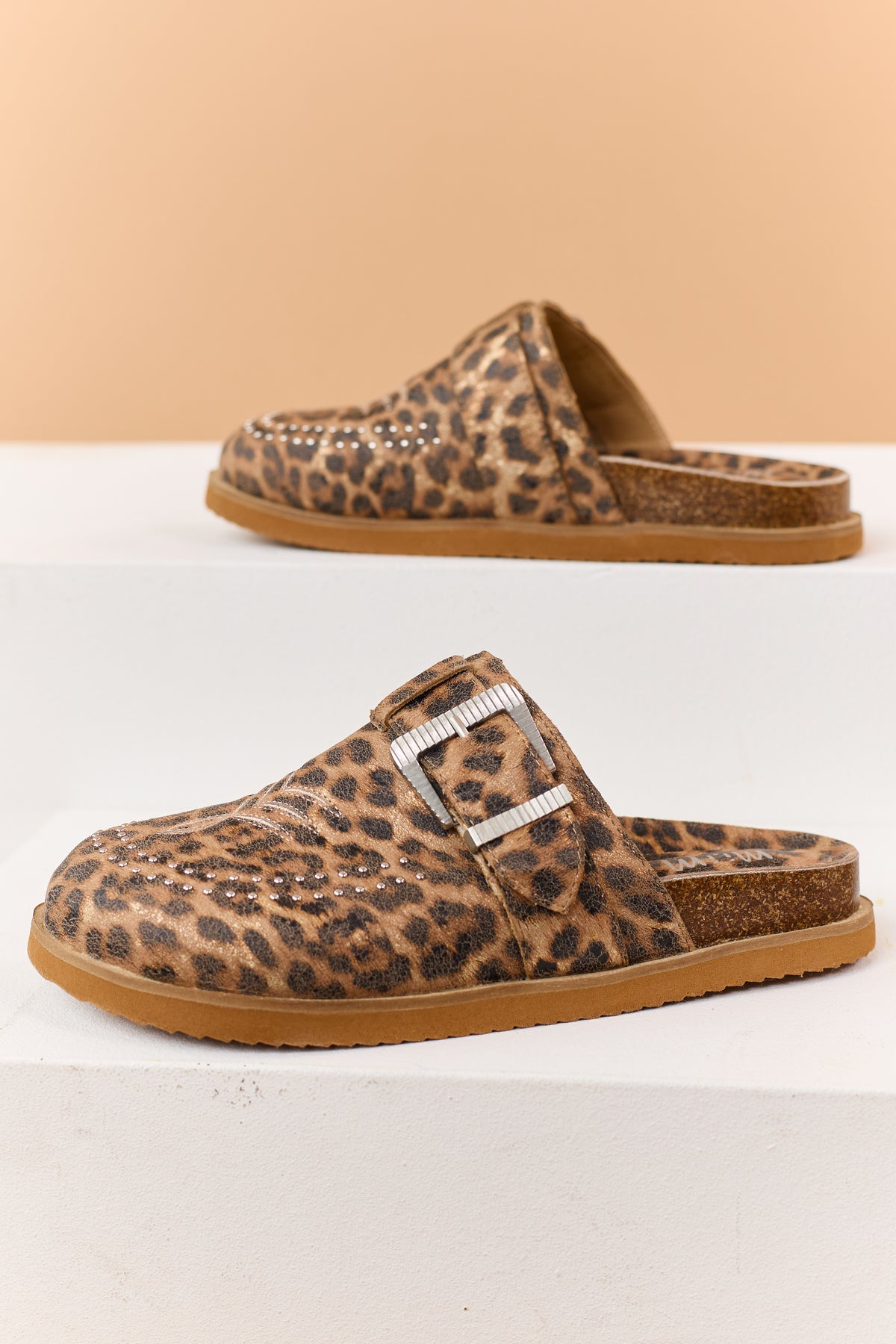 Mocha Leopard Faux Suede Studded Clog Mule Flats