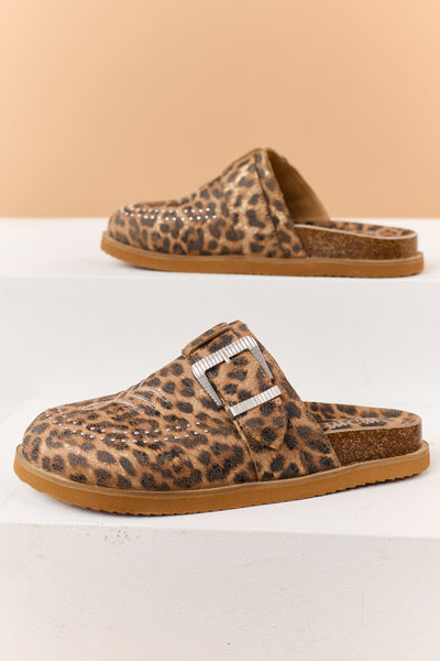Mocha Leopard Faux Suede Studded Clog Mule Flats