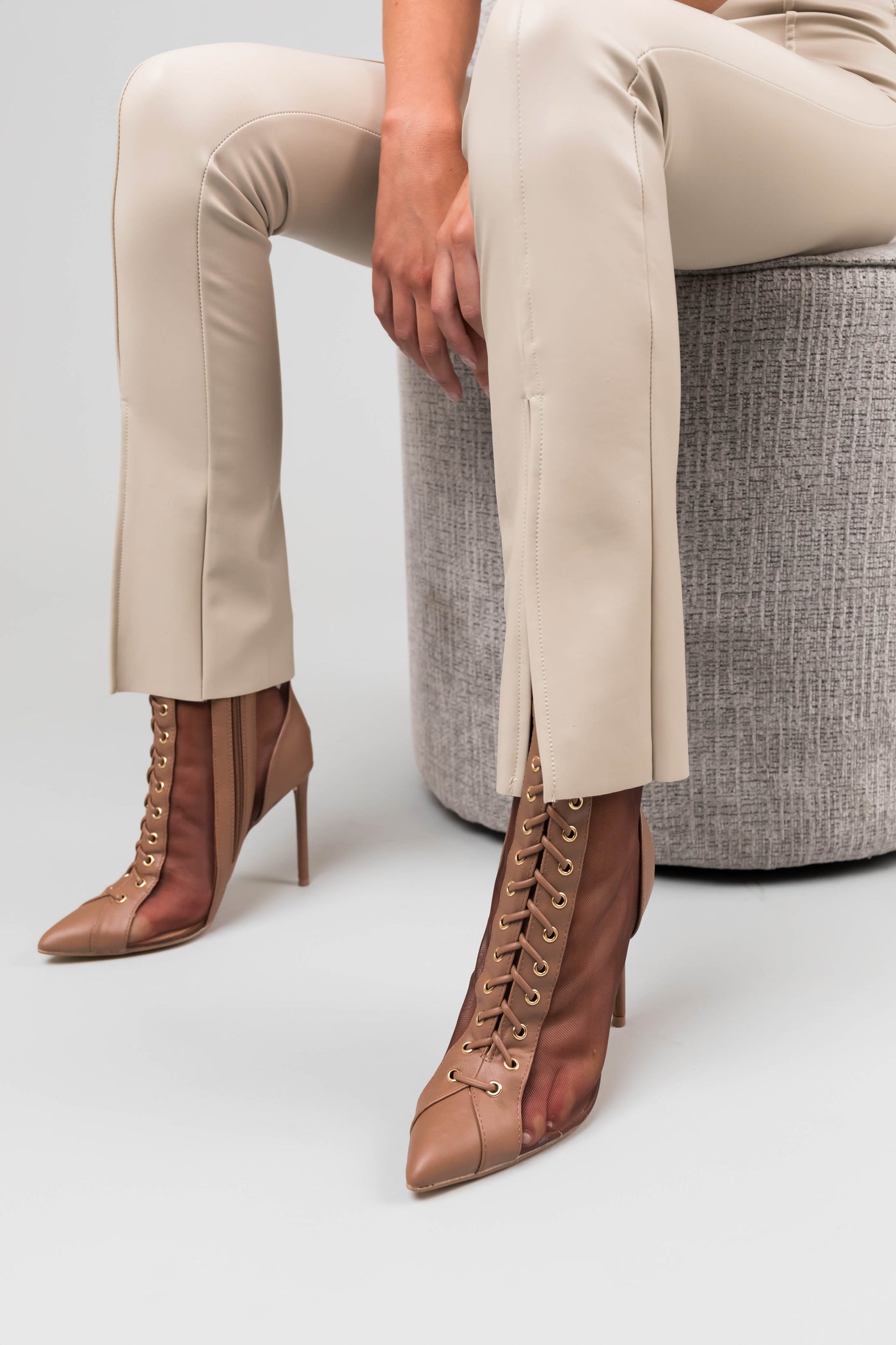 Mocha Sheer Mesh Lace Up Stiletto Booties