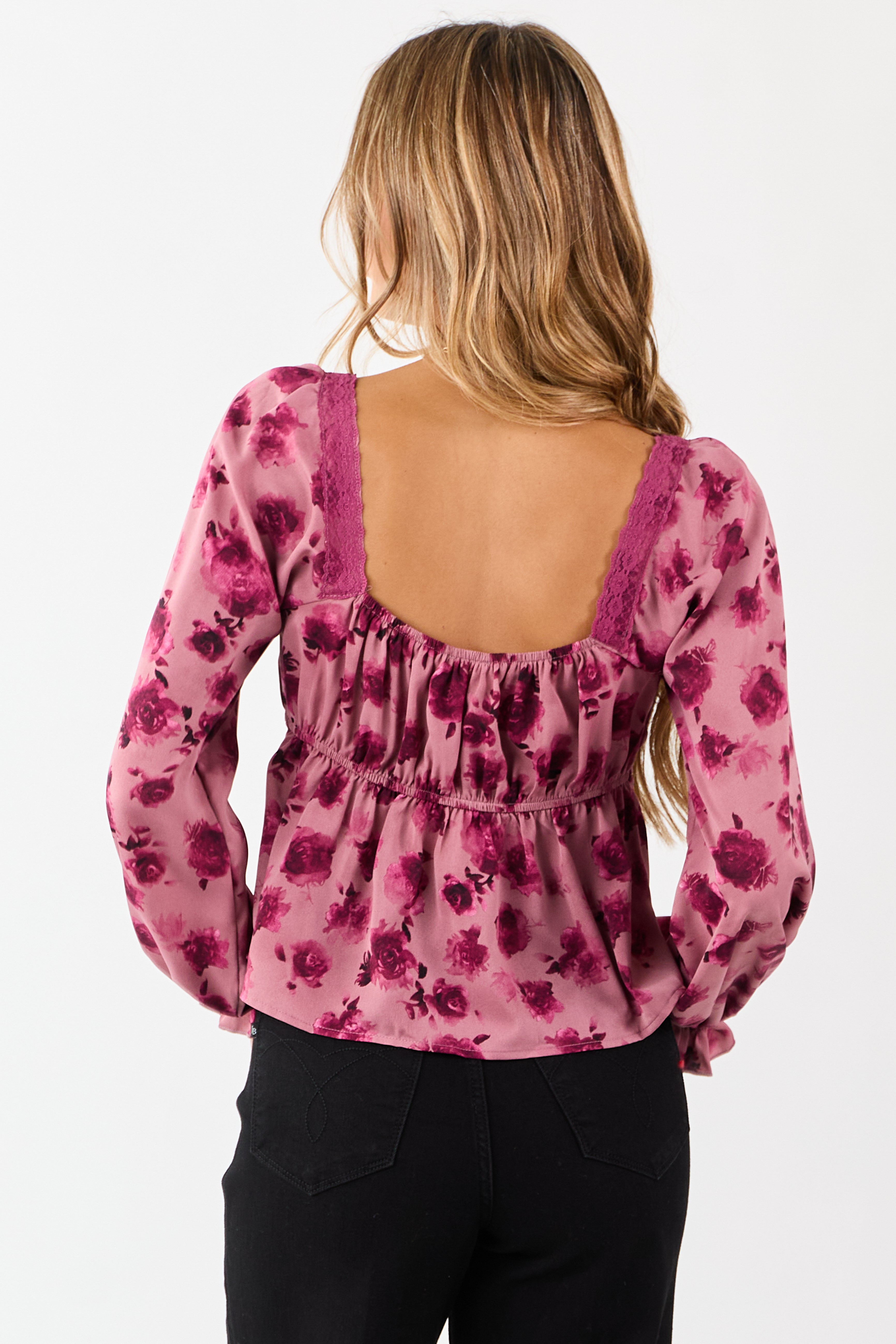 Mulberry Floral Print Lace Trim Open Tie Front Top