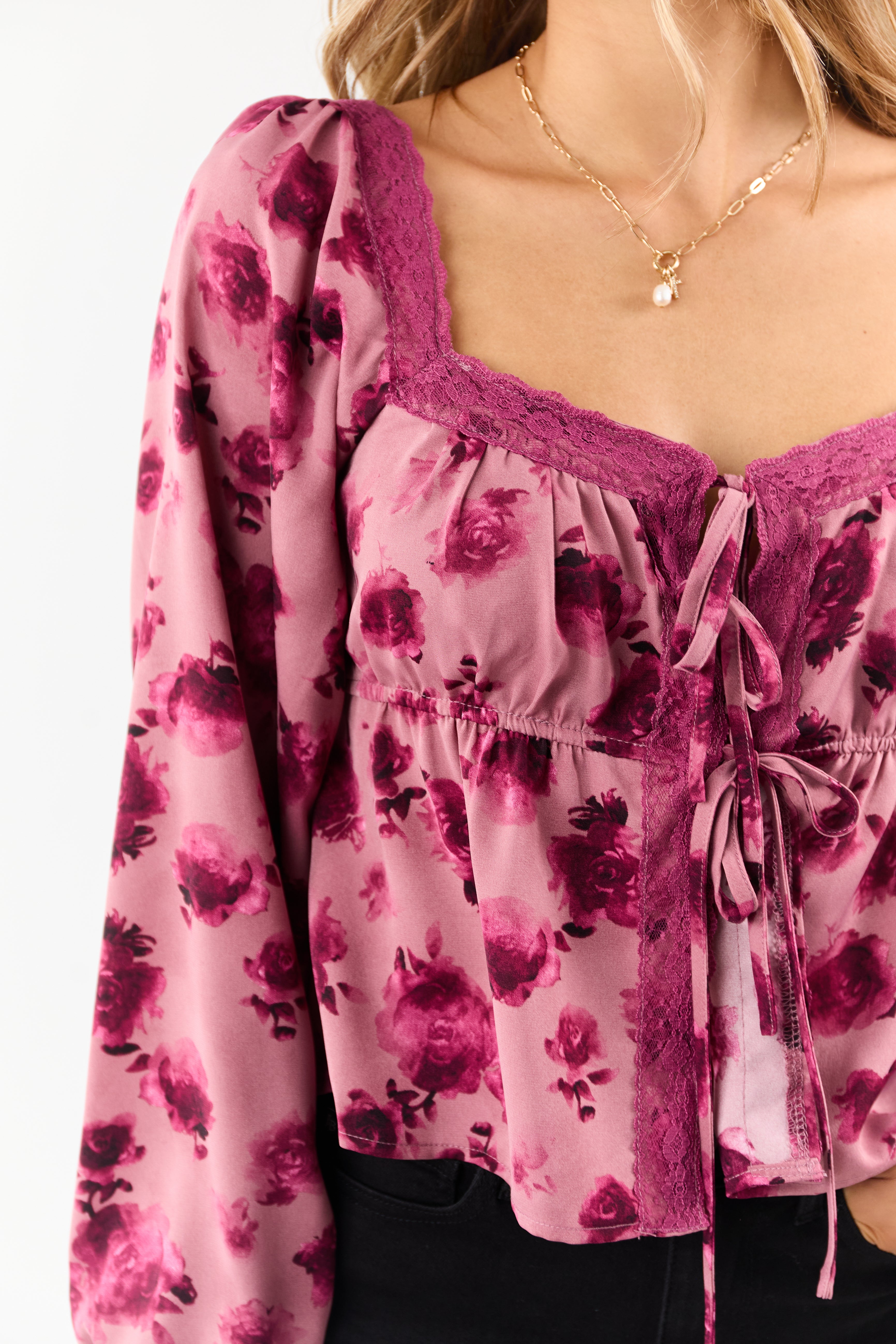 Mulberry Floral Print Lace Trim Open Tie Front Top