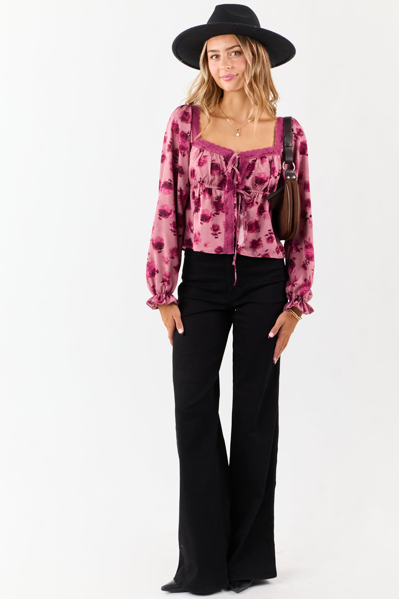Mulberry Floral Print Lace Trim Open Tie Front Top