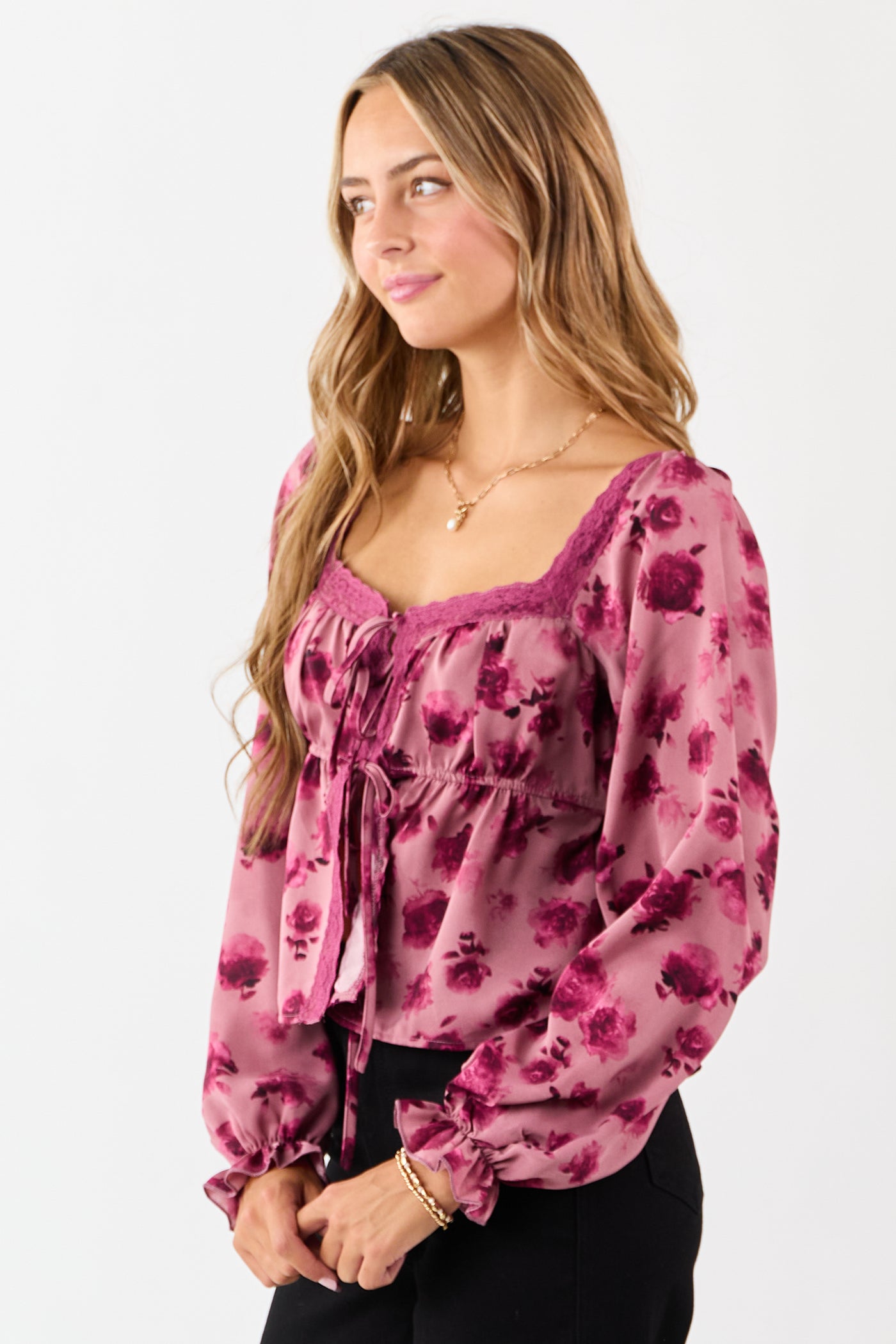 Mulberry Floral Print Lace Trim Open Tie Front Top