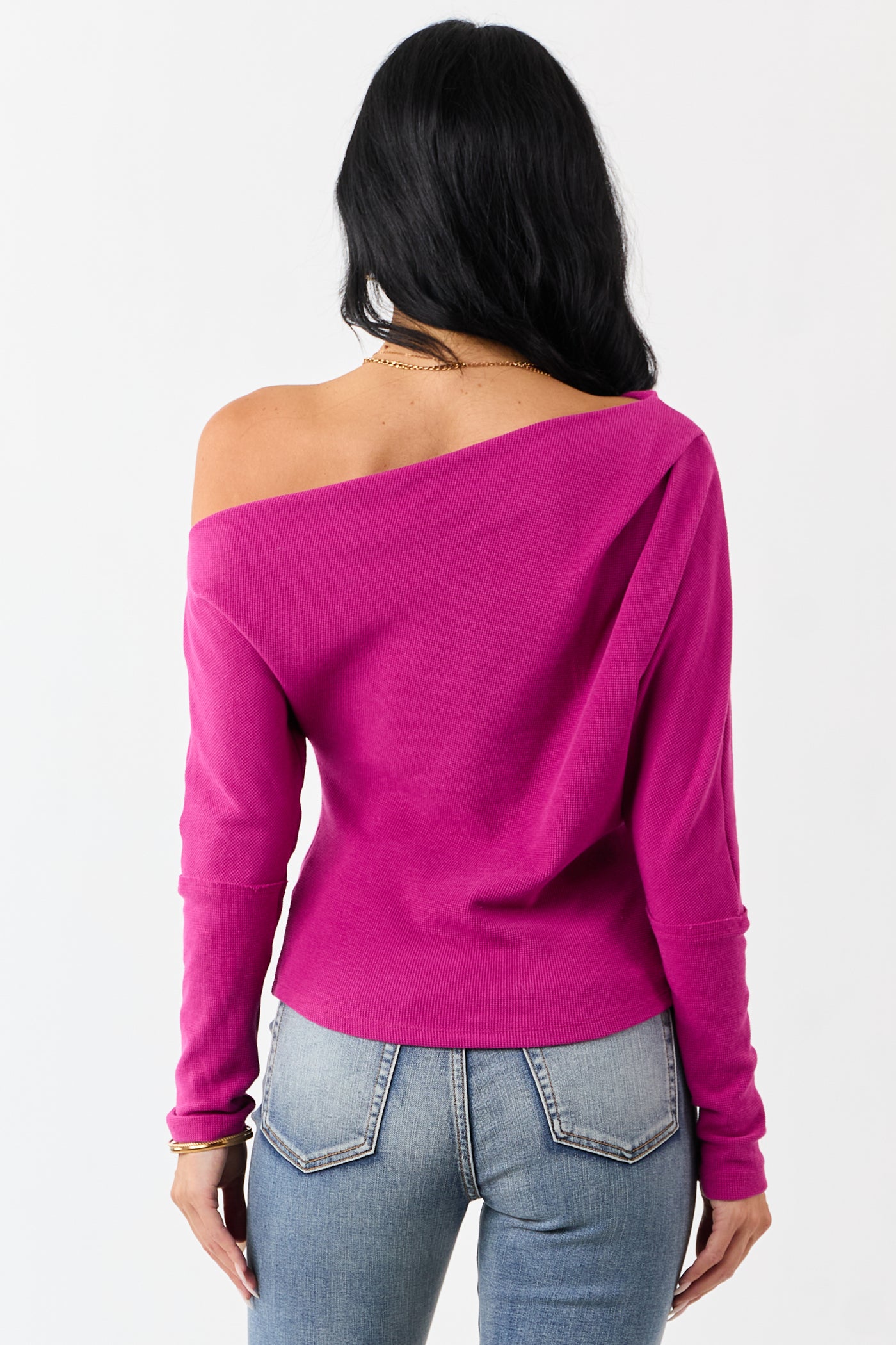 Mulberry One Shoulder Long Sleeve Waffle Knit Top