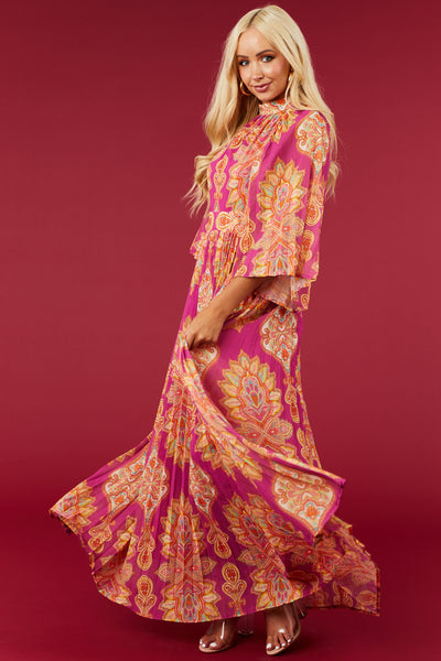 Mulberry Paisley Print Pleated Woven Maxi Dress