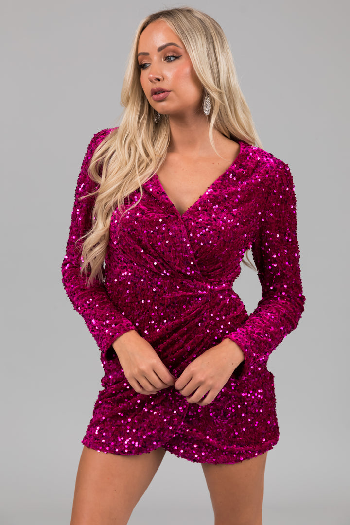 Mulberry Sequin Wrap Long Sleeve Mini Dress