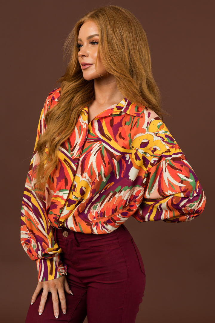 Multicolor Abstract Long Sleeve Button Blouse