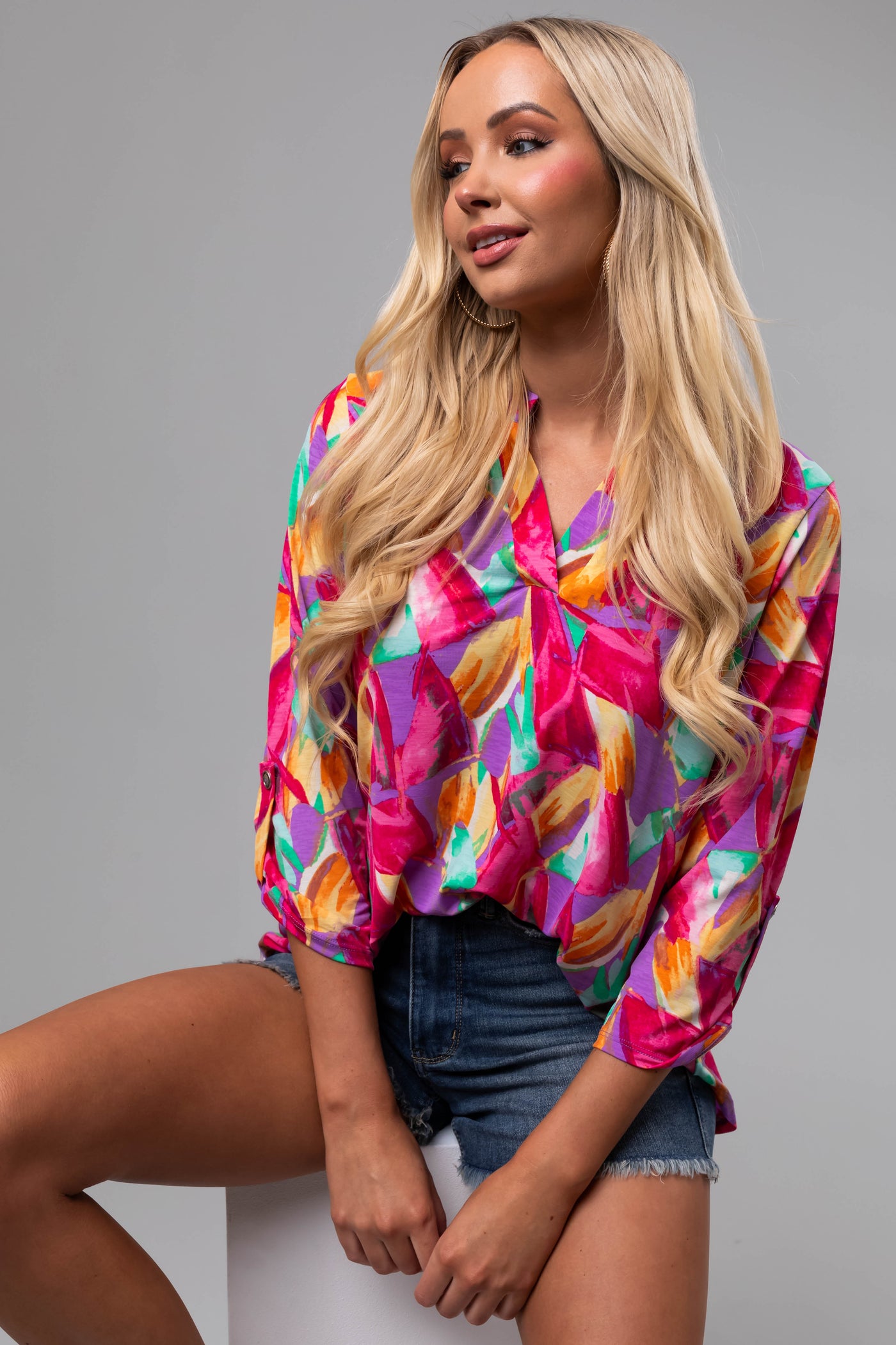 Multicolor Abstract Print 3/4 Sleeve Blouse