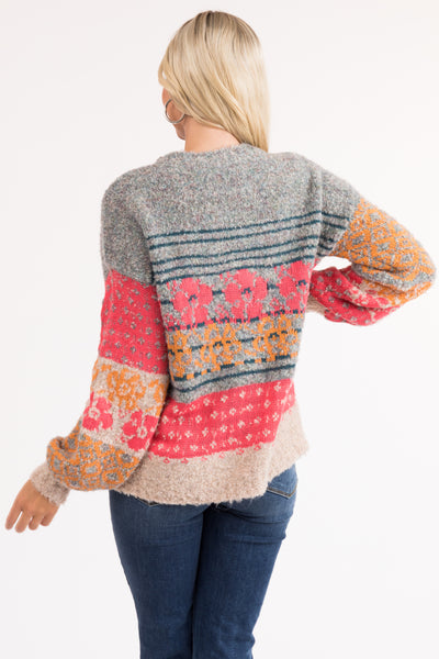 Multicolor Abstract Print Balloon Sleeve Sweater