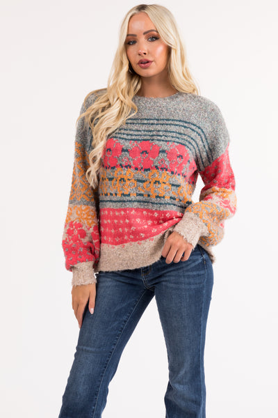 Multicolor Abstract Print Balloon Sleeve Sweater