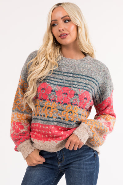 Multicolor Abstract Print Balloon Sleeve Sweater