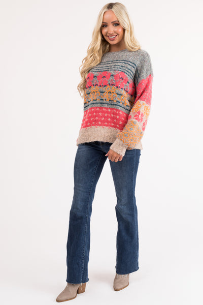 Multicolor Abstract Print Balloon Sleeve Sweater