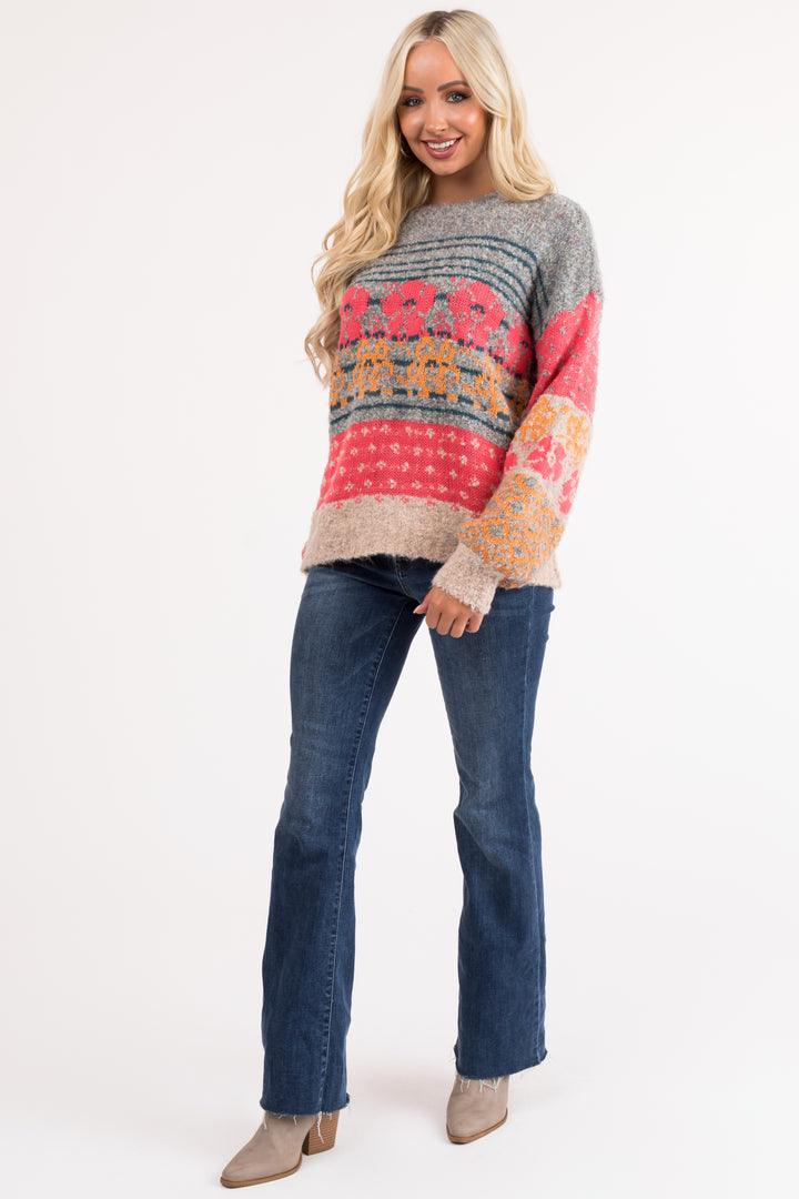 Multicolor Abstract Print Balloon Sleeve Sweater