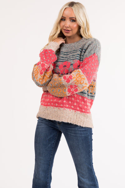 Multicolor Abstract Print Balloon Sleeve Sweater