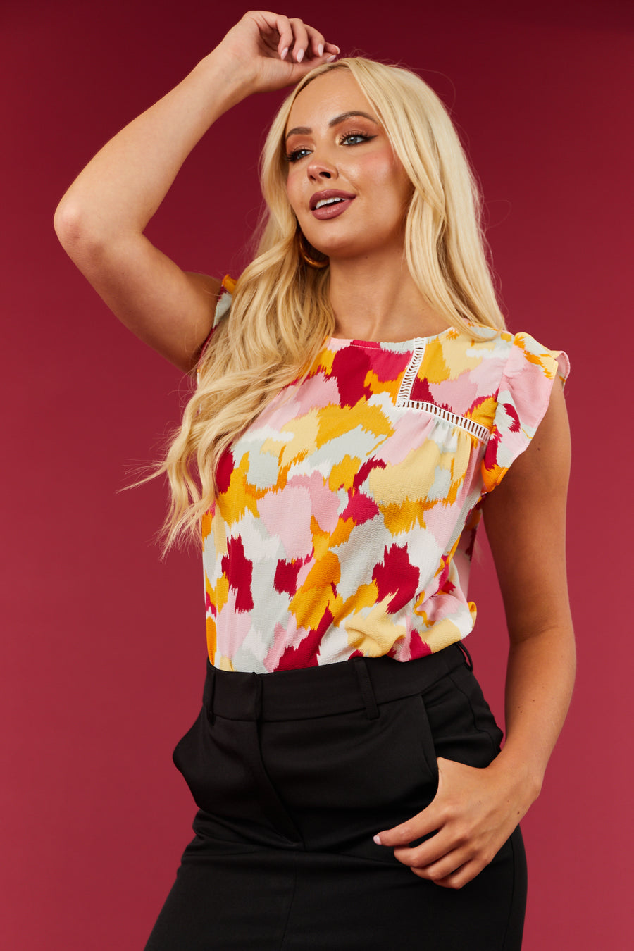 Multicolor Abstract Print Ruffle Sleeve Top