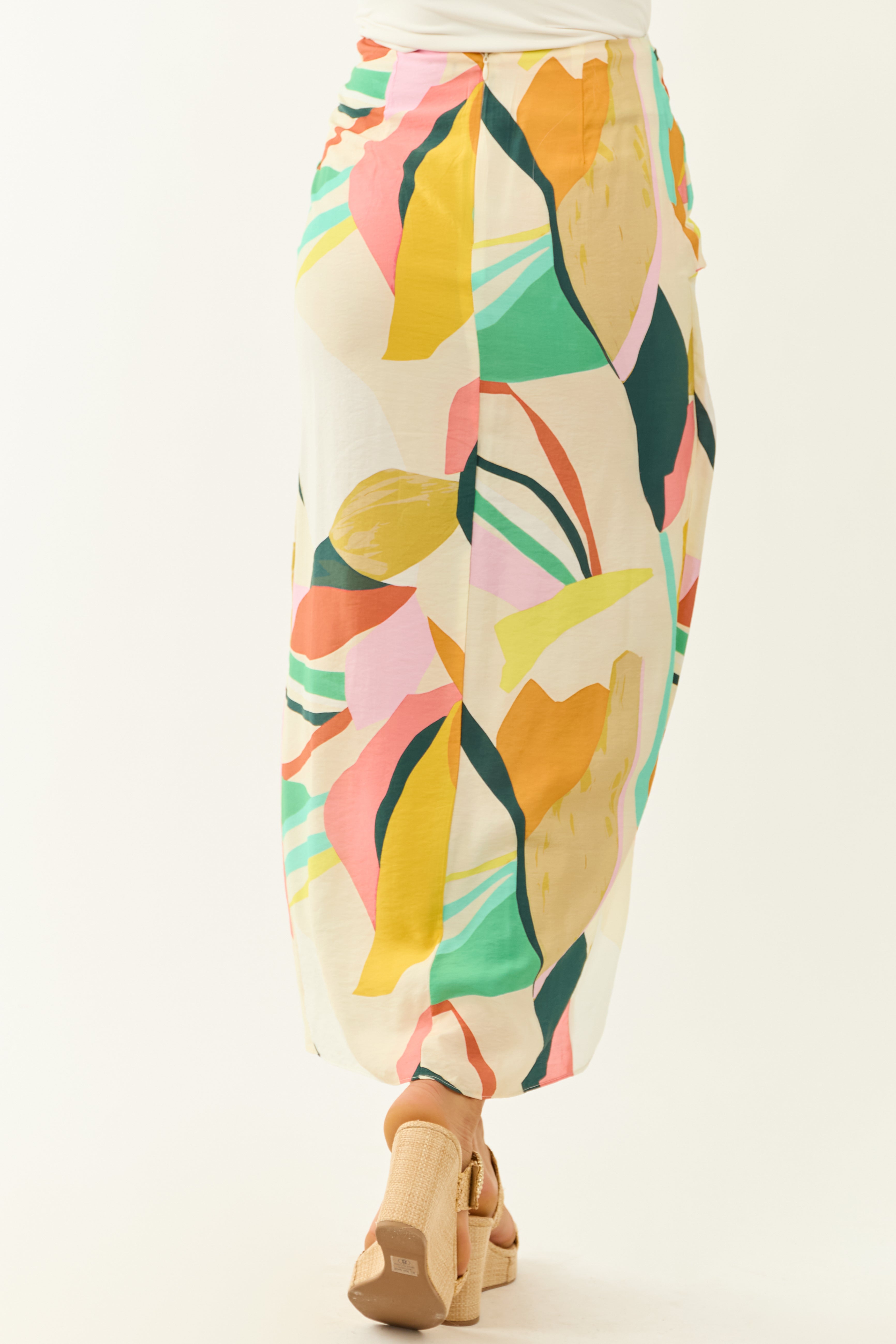Multicolor Abstract Tulip Hem Waist Knot Midi Skirt