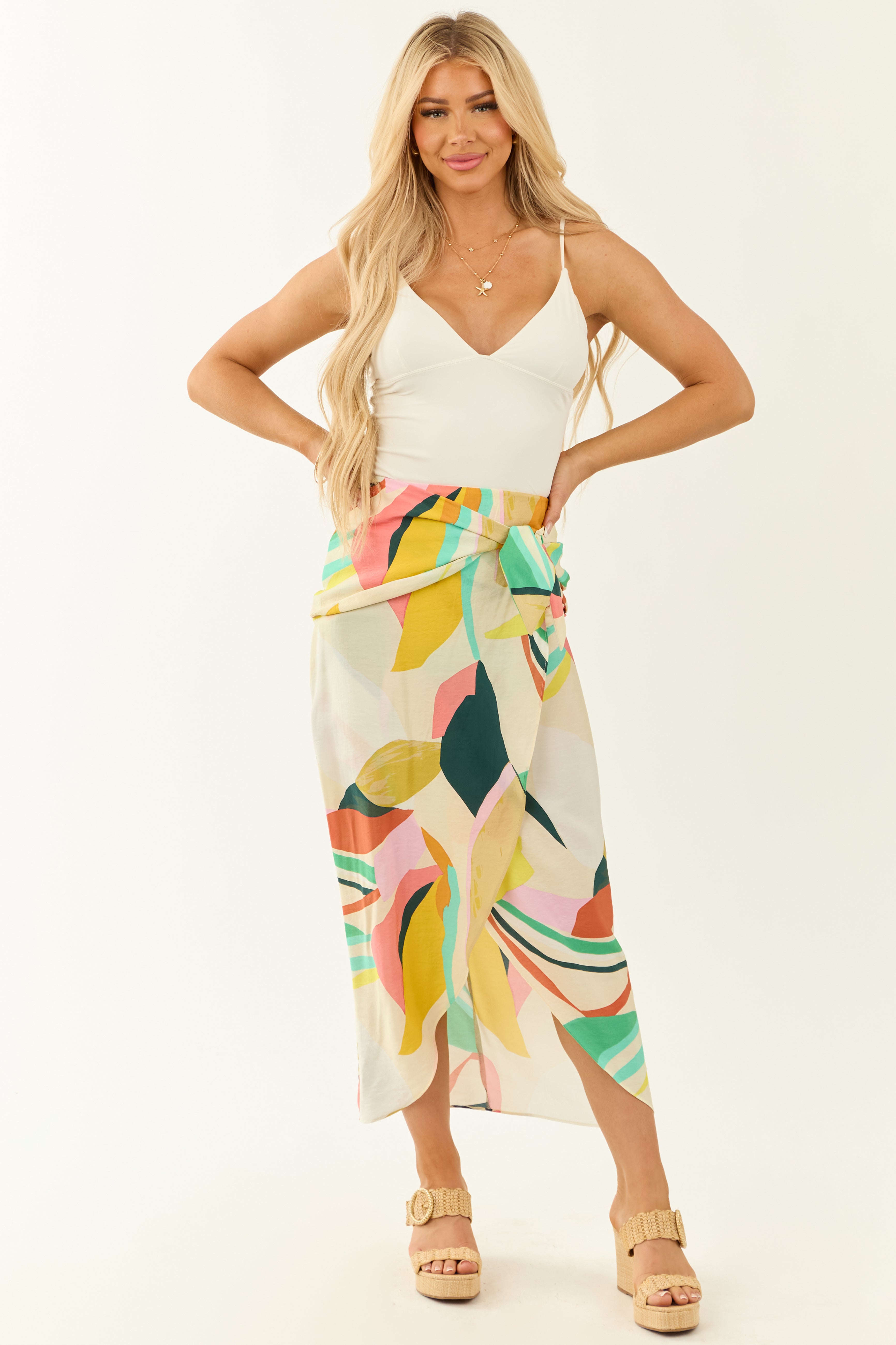 Multicolor Abstract Tulip Hem Waist Knot Midi Skirt