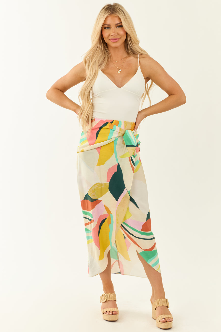 Multicolor Abstract Tulip Hem Waist Knot Midi Skirt