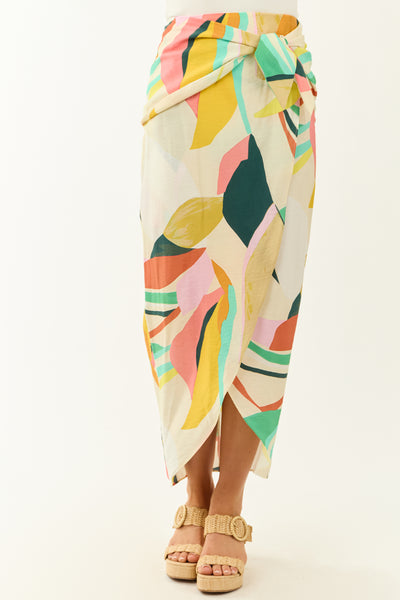 Multicolor Abstract Tulip Hem Waist Knot Midi Skirt