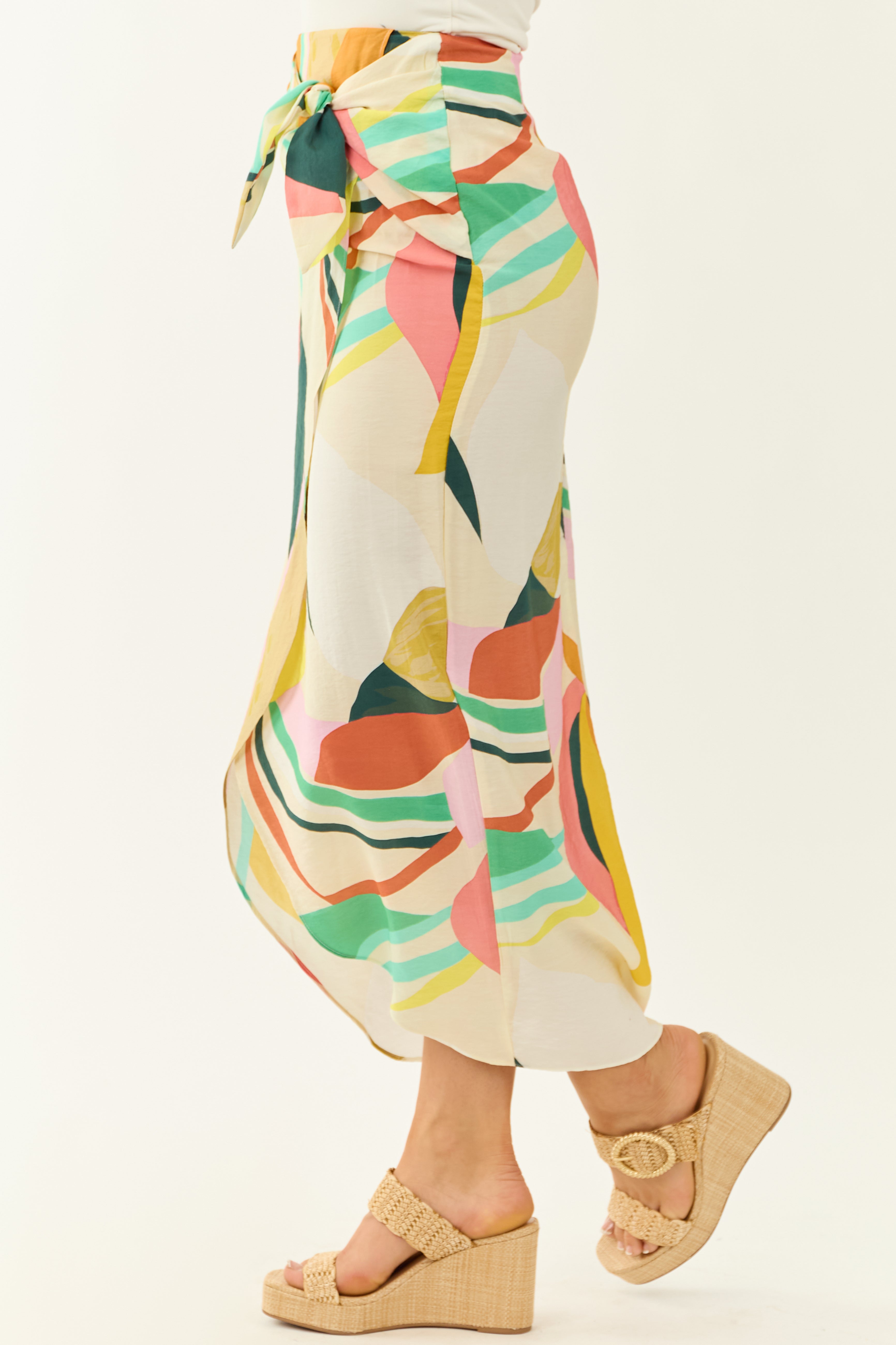 Multicolor Abstract Tulip Hem Waist Knot Midi Skirt