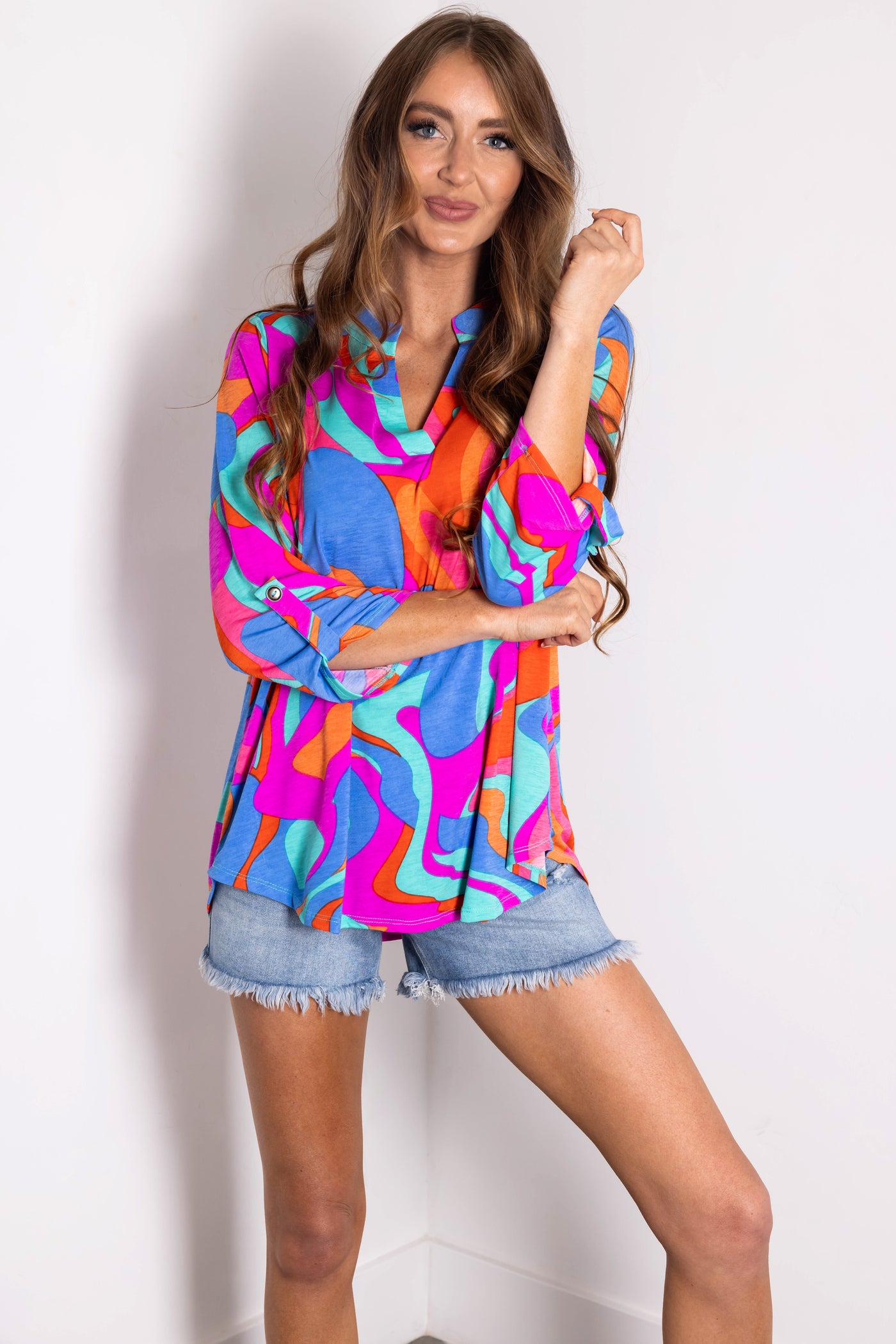 Multicolor Bright Abstract 3/4 Sleeve Knit Blouse