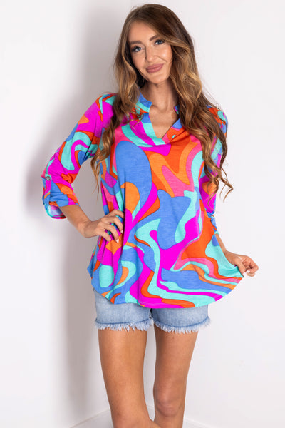 Multicolor Bright Abstract 3/4 Sleeve Knit Blouse