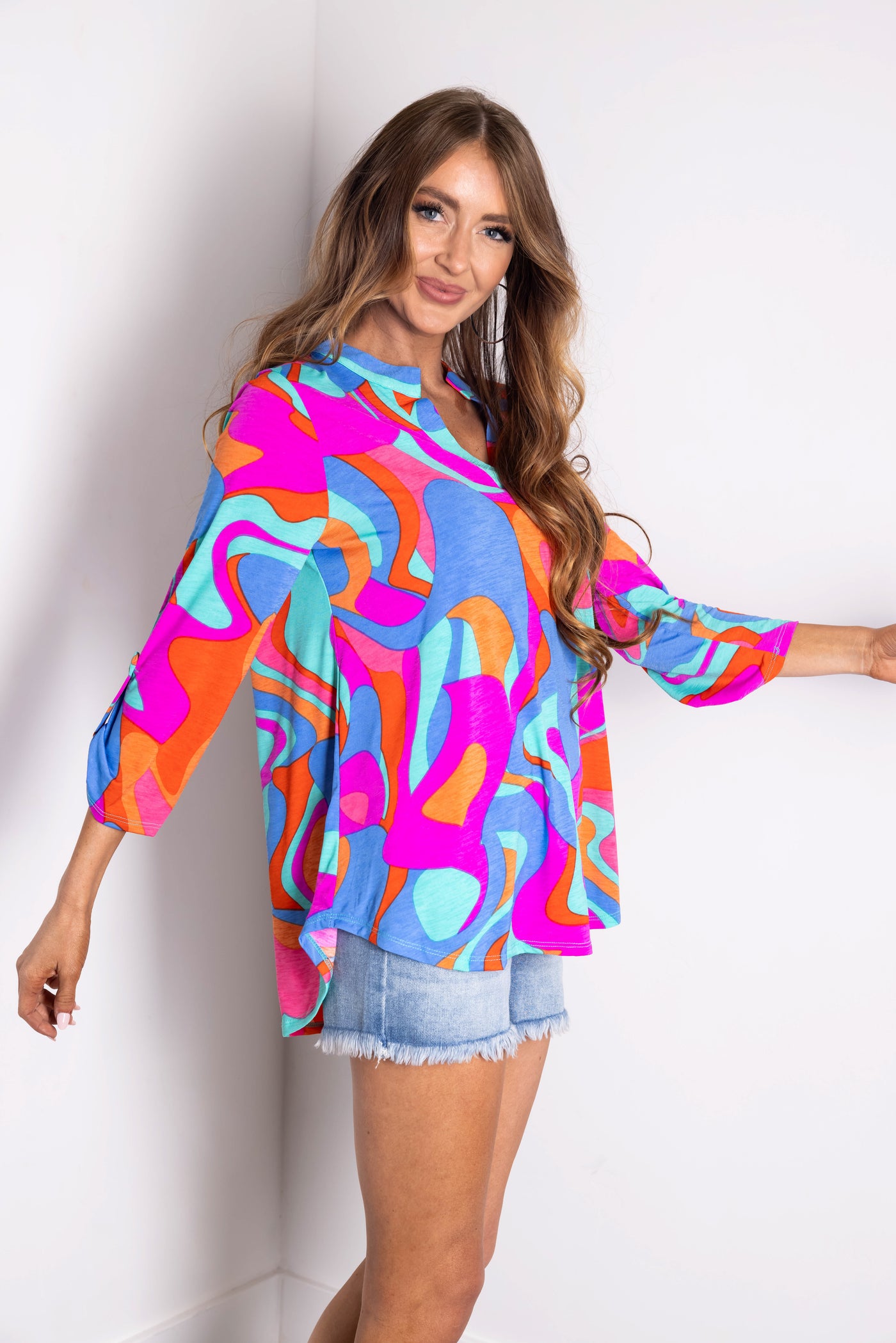 Multicolor Bright Abstract 3/4 Sleeve Knit Blouse