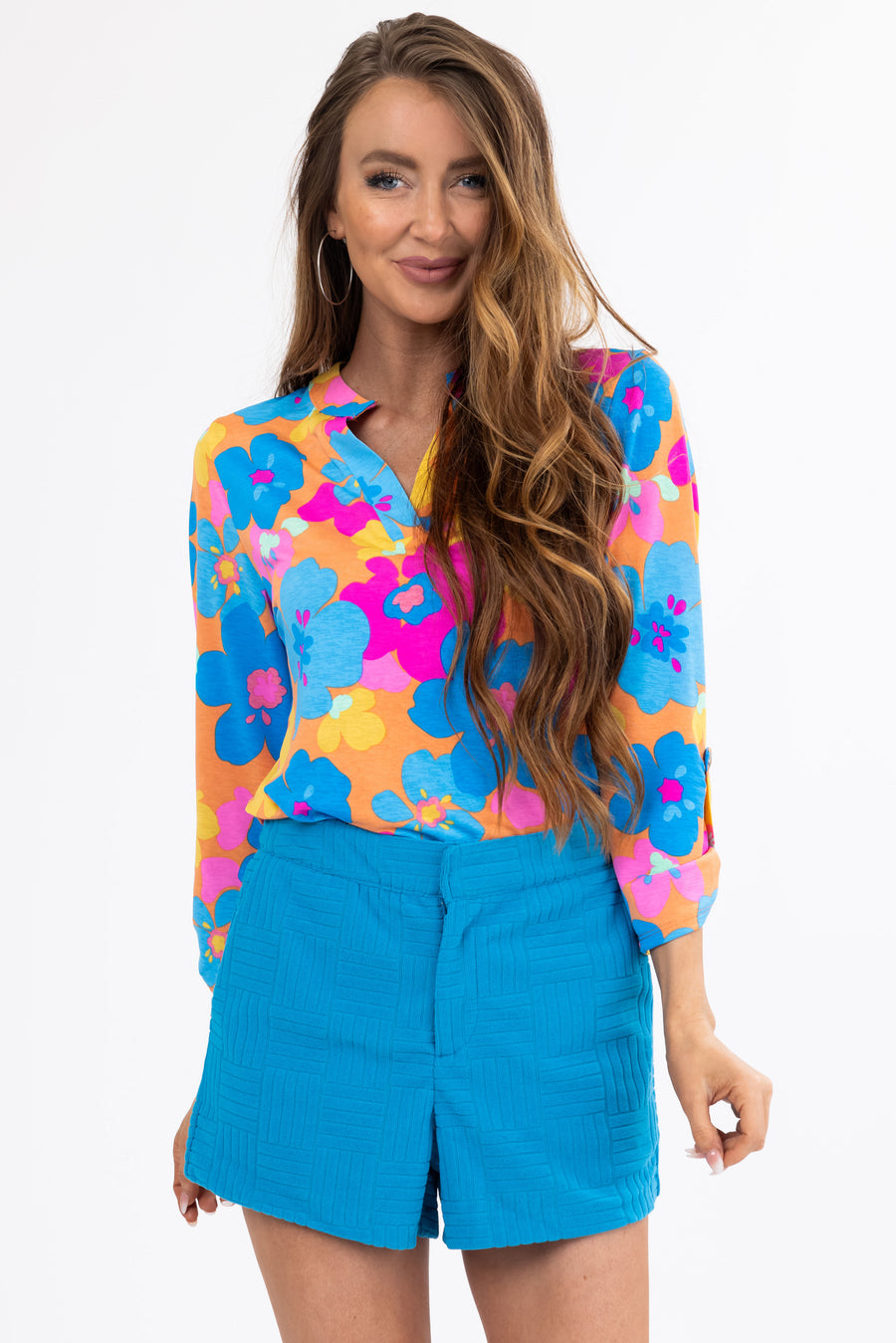 Multicolor Bright Floral 3/4 Sleeve Knit Blouse