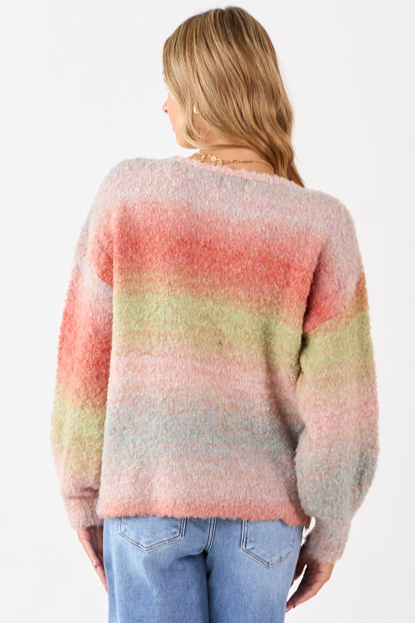 Multicolor Faded Ombre Textured Rib Knit Sweater
