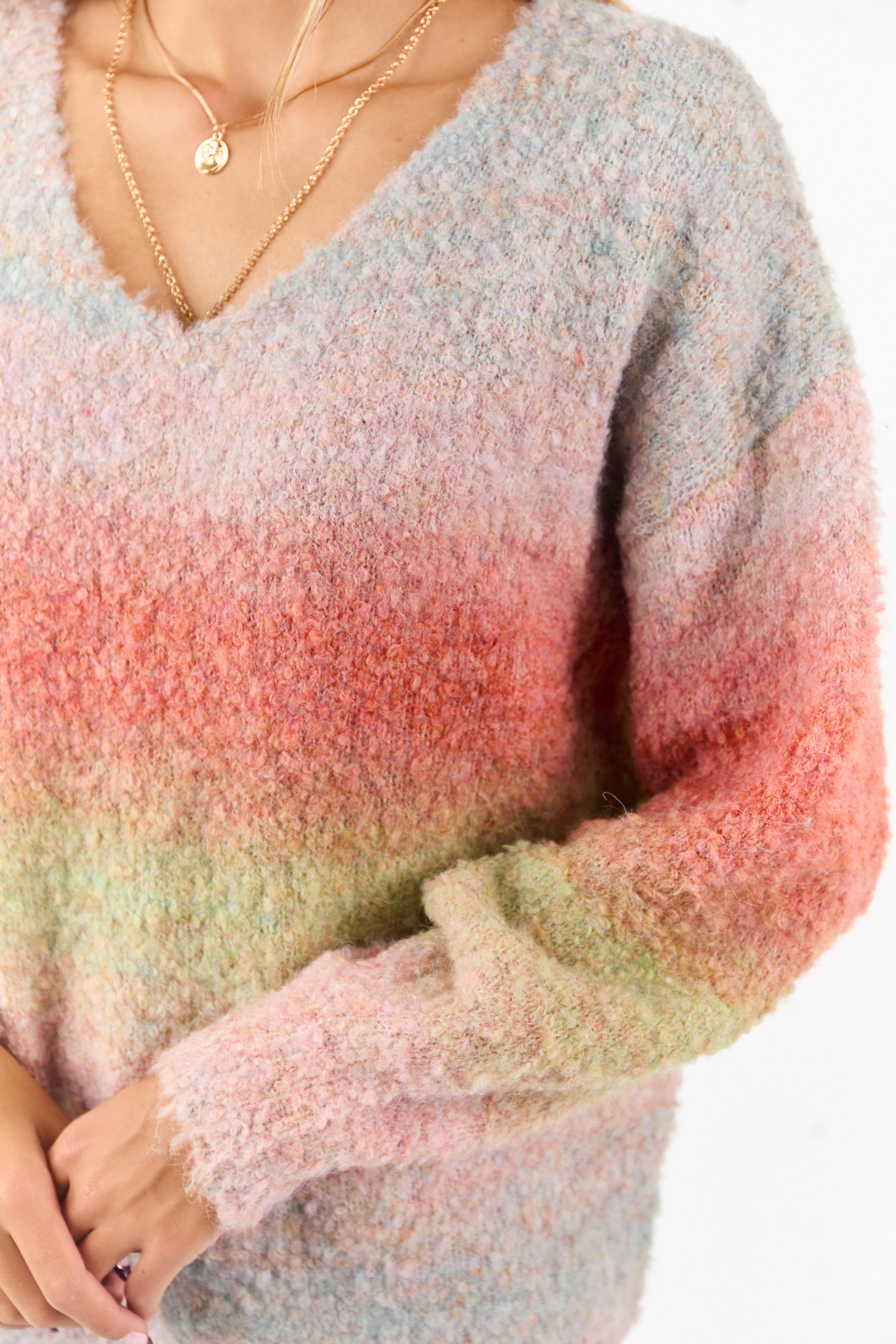 Multicolor Faded Ombre Textured Rib Knit Sweater