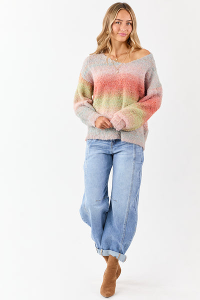 Multicolor Faded Ombre Textured Rib Knit Sweater