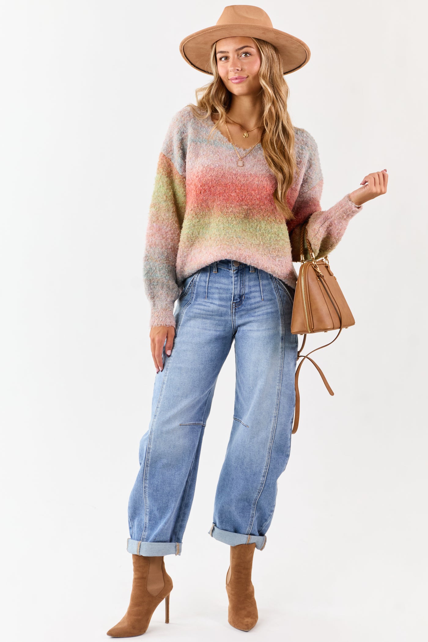 Multicolor Faded Ombre Textured Rib Knit Sweater