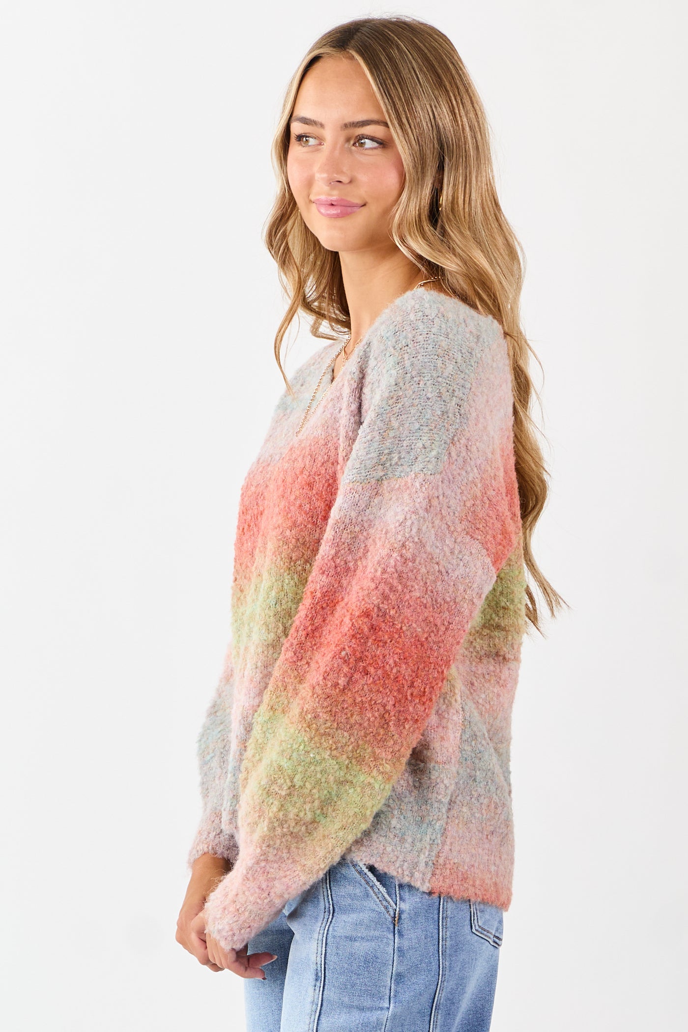 Multicolor Faded Ombre Textured Rib Knit Sweater